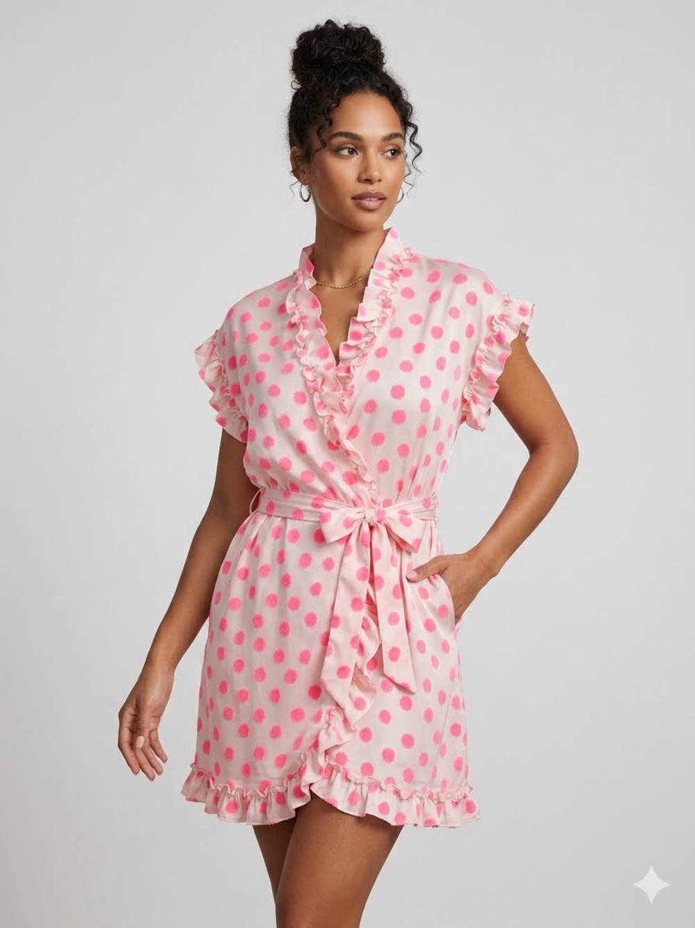 Betsey Johnson Y2K Neon Pink Polka Dot Ruffle Wrap Robe Loungewear Coquette S